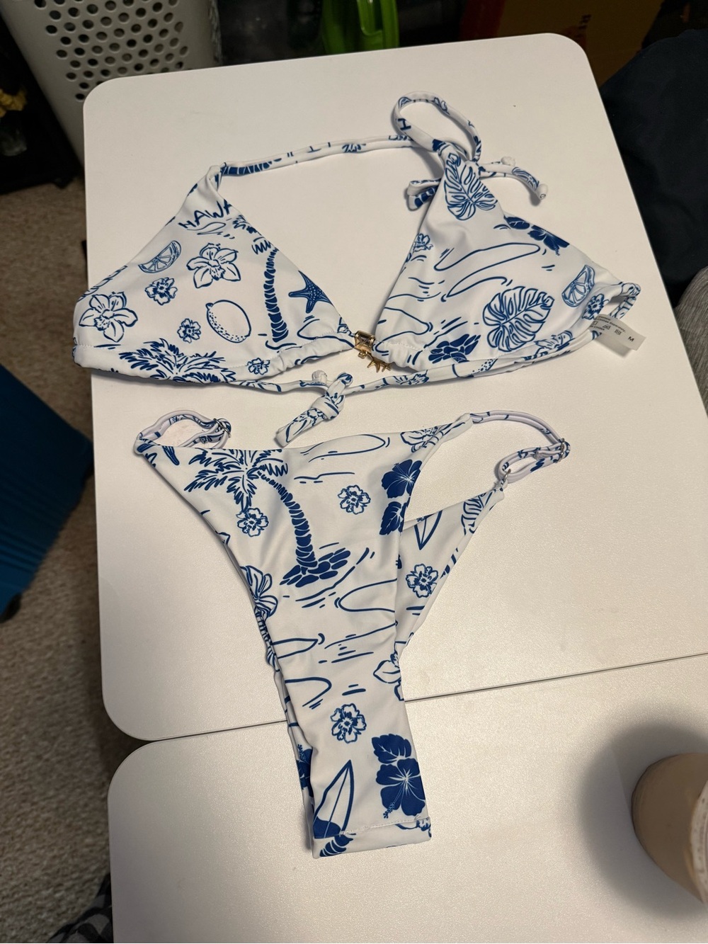 SHEIN White & Blue Floral Triangle Bikini